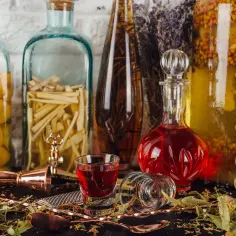 Butelki z nalewkami i owocami, szklaneczki, miedziane akcesoria barmańskie. Inspiracja, jak zrobić alkohol w domu.