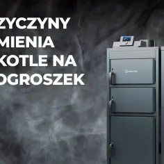 Szary kocioł na ekogroszek otoczony dymem.
