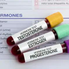 Trzy probówki z krwią do badań: testosteron, estrogen i progesteron. Wyniki badań hormonalnych, w tym hormony białkowe i steroidowe.
