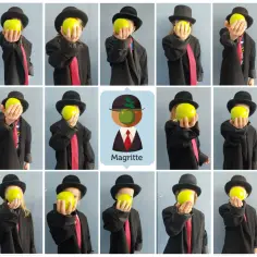 Dzieci w melonikach i płaszczach trzymają zielone jabłka, nawiązując do stylu obrazu René Magritte'a.