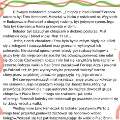 Charakterystyka Erno Nemeczka: szczupły, miły, odważny chłopiec z "Chłopców z Placu Broni". Walczył o Plac Broni, mimo choroby.