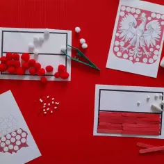 Materiały do tworzenia patriotycznych prac plastycznych na Dzień Niepodległości: białe i czerwone pompony, patyczki, koraliki i szablon z mapą Polski.