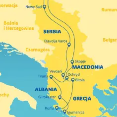 Mapa szlaku turystycznego przez Bałkany, z zaznaczoną Albanią, Serbią, Macedonią, Grecją i innymi krajami regionu.