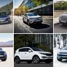 Kompilacja SUV-ów do 60 tys. zł: Ford Kuga, Toyota RAV4, Honda CR-V, VW Tiguan, Kia Sportage i Mitsubishi Outlander.