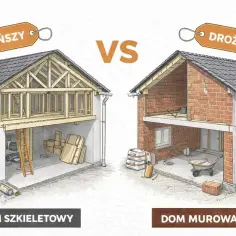 Porównanie budowy: tańszy dom szkieletowy vs droższy dom murowany. Widoczne etapy budowy i materiały.