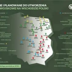 Mapa Polski z zaznaczonymi lokalizacjami jednostek wojskowych, w tym 1. dywizji piechoty Legionów i 16. dywizji zmechanizowanej.