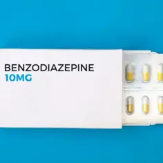 Opakowanie leku z napisem "BENZODIAZEPINE 10MG" i blistrem z kapsułkami. To może być recepta na Xanax.