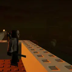 Postać w masce stoi na platformie w mrocznym świecie Roblox.