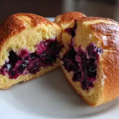 Puszyste jagodzianki z mrożonych jagód, zrumienione i pachnące, kuszą słodkim nadzieniem.