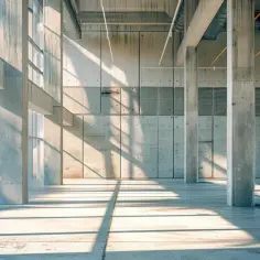 Surowe wnętrze z betonowymi słupami i ścianami. Światło słoneczne tworzy na podłodze geometryczne cienie, podkreślając fakturę materiału. Idealne proporcje styrobetonu w architekturze.
