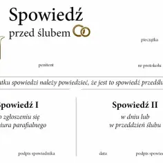 Dokument "Spowiedź przed ślubem" z miejscem na dane penitenta, pieczątkę i protokół. Podzielony na dwie części: Spowiedź I i Spowiedź II.