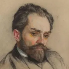 Portret mężczyzny z wąsami i brodą, rysunek pastelami.