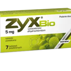 Opakowanie leku ZYXBio 5 mg, zamiennik na alergię, zawiera 7 tabletek powlekanych.