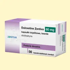 Opakowanie Duloxetine Zentiva 60 mg. Przed zastosowaniem leku należy zapoznać się z ulotką dotyczącą potencjalnych skutków ubocznych.