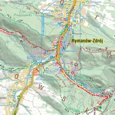 Mapa turystyczna Rymanów-Zdrój: szlaki, ścieżki edukacyjne, pijalnia wód, uzdrowiska i punkty widokowe.