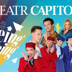 Plakat Teatru Capitol z napisem "Boeing Boeing". Wesoła obsada w strojach stewardes i pilotów. Ile trwa spektakl?