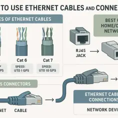 Ilustracja pokazuje różne rodzaje kabli Ethernet (skrętka) - Cat 5, Cat 6, Cat 7, oraz złącza RJ45.