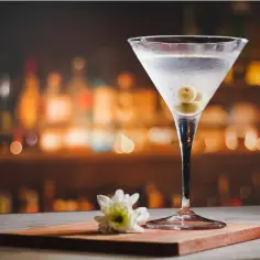 Kieliszek martini z oliwkami i kwiatkiem na tle rozmytego baru.