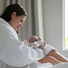 Matka tuli dziecko, martwiąc się o nieprawidłowe obkurczanie macicy po porodzie.