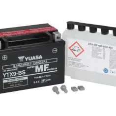 Akumulator Yuasa YTX9-BS, idealny do Suzuki Bandit 600, wraz z elektrolitem i śrubami montażowymi.