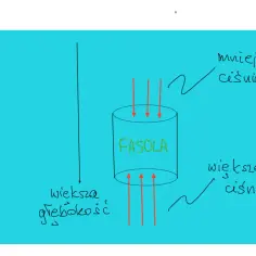 Ilustracja pokazuje cylinder z napisem "FASOLA". Strzałki wskazują na mniejsze ciśnienie u góry i większe ciśnienie u dołu, co ilustruje siłę wypadkową.