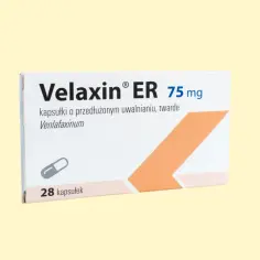 Opakowanie leku Velaxin ER 75 mg, zawierające 28 kapsułek o przedłużonym uwalnianiu z wenlafaksyną.