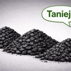 Kopce węgla, a nad nimi dymek z napisem "Taniej?". Czy podatek akcyzowy wpłynie na cenę?