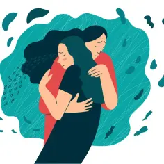 Dwie osoby obejmują się. Jedna z nich płacze, jakby odbicie lustrzane jej smutku było deszczem.