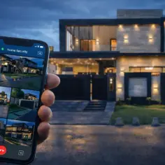 Dłoń trzyma smartfon z widokiem z kamer monitoringu domu. Nowoczesna willa oświetlona wieczorem. System ip64 zapewnia bezpieczeństwo.