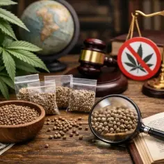 Nasiona marihuany, młotek sędziowski, waga sprawiedliwości i globus symbolizują debatę o legalizacji marihuany.