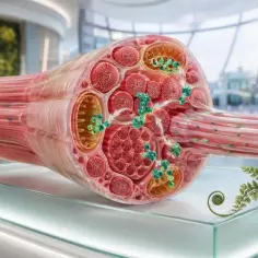 Przekrój włókna mięśniowego z widocznymi mitochondriami i cząsteczkami kinazy kreatynowej, kluczowej dla produkcji energii.