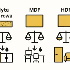 Porównanie płyty wiórowej, MDF i HDF: wiórowa do kuchni, MDF do biura, HDF do mebli.