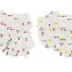 Mapa Polski z zaznaczonymi miastami, niektóre z nich są oznaczone czerwonymi lub żółtymi kropkami, wskazującymi na różne dane w poszczególnych województwach.