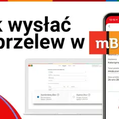 Ekran telefonu i laptopa z interfejsem mBank, pokazujący opcje przelewu.