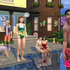 Simowie cieszą się latem przy basenie. Może to zachęta, by sprawdzić, czy The Sims 4 za darmo jest dostępne?