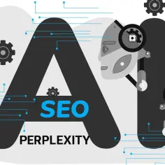 Grafika przedstawia literę "A" z napisem "SEO" i "PERPLEXITY" w środku, otoczoną elementami robotycznymi i technicznymi.