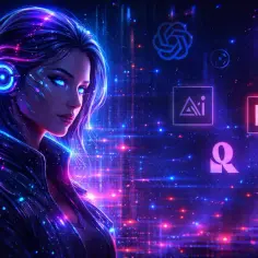 Cyberpunkowa kobieta z neonowymi słuchawkami, otoczona symbolami technologii i ikonami narzędzi do generowania obrazów.