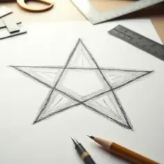 Szkic pięcioramiennej gwiazdy na papierze, otoczony linijkami i ołówkami.