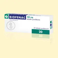 Opakowanie leku BIOFENAC 100 mg, zawierające 20 tabletek powlekanych.