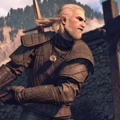 Geralt w zbroi białego tygrysa zachodu, z mieczem w dłoni, gotowy do walki.