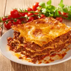 Pyszna, wielowarstwowa lasagne z mięsem i sosem pomidorowym, podana z gałązką pomidorków koktajlowych. Idealna na obiad.