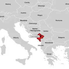 Mapa Europy z zaznaczoną na czerwono Czarnogórą, która graniczy z Bośnią i Hercegowiną, Serbią, Albanią i Chorwacją.