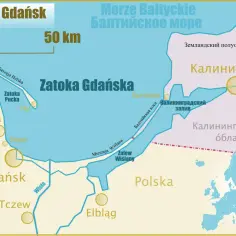 Mapa pokazuje Zatokę Gdańską, która jest częścią Morza Bałtyckiego. Widać miasta: Puck, Hel, Gdynia, Sopot, Gdańsk, Tczew, Elbląg.