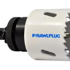 Otwornica do puszek GK z logo Rawlplug, gotowa do wiercenia precyzyjnych otworów.