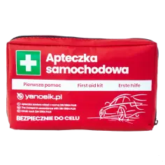 Czerwona apteczka samochodowa z białym napisem "Apteczka samochodowa" i zielonym krzyżem.