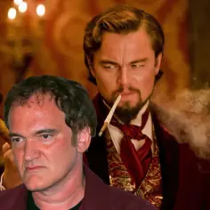 Quentin Tarantino z młotkiem, obok Leonardo DiCaprio z papierosem i kobietą w tle. Wygląda jak scena z filmu z Franco Nero.