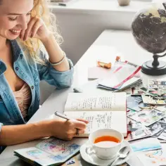 Kobieta pisze w dzienniku, planując podróż. Na stole globus, zdjęcia, bilety i herbata. To inspiracja, jak napisać esej po angielsku o swoich marzeniach.