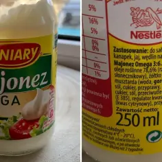Majonez Winiary Omega 3:6. Składniki: oleje roślinne, żółtko jaja, ocet, musztarda, cukier, sól, przyprawy. Idealny do sałatek i kanapek.