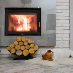 Pies śpi przy kominku, ciesząc się ciepłem. Rozprowadzenie ciepła z kominka w podłodze zapewnia przytulną atmosferę.