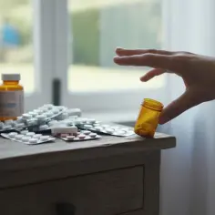 Dłoń sięga po małą buteleczkę z lekami, obok szklanka wody i blistry. Może to paroksetyna, lek na depresję.